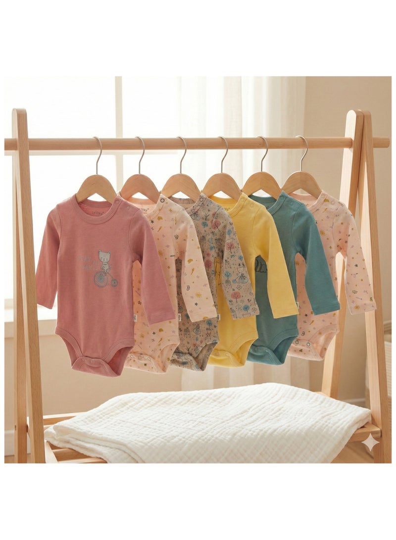 جونيور ملابس داخلية بأكمام طويلة للأطفال الرضع، عبوة من 6 قطع، تصاميم متعددة، قطن 100% - للبنات - Image 2